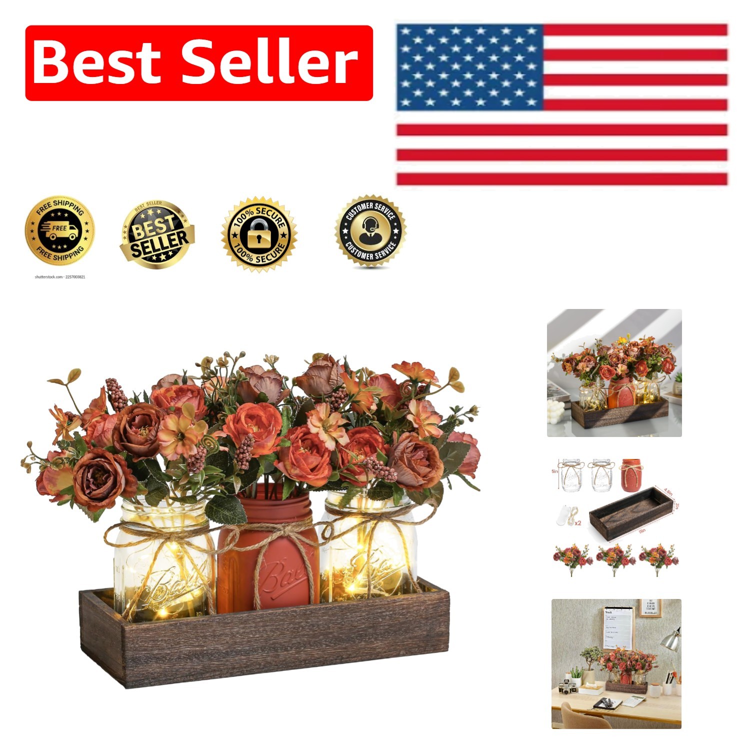 Versatile 3-Pc Mason Jar Set with Wood Tray & LED for Dining & Living Spaces