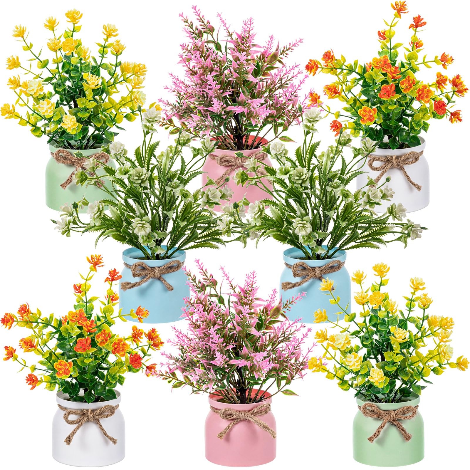 8 PCS Large Spring Artificial Flowers Potted Fake Floral Plants Macaron Pot