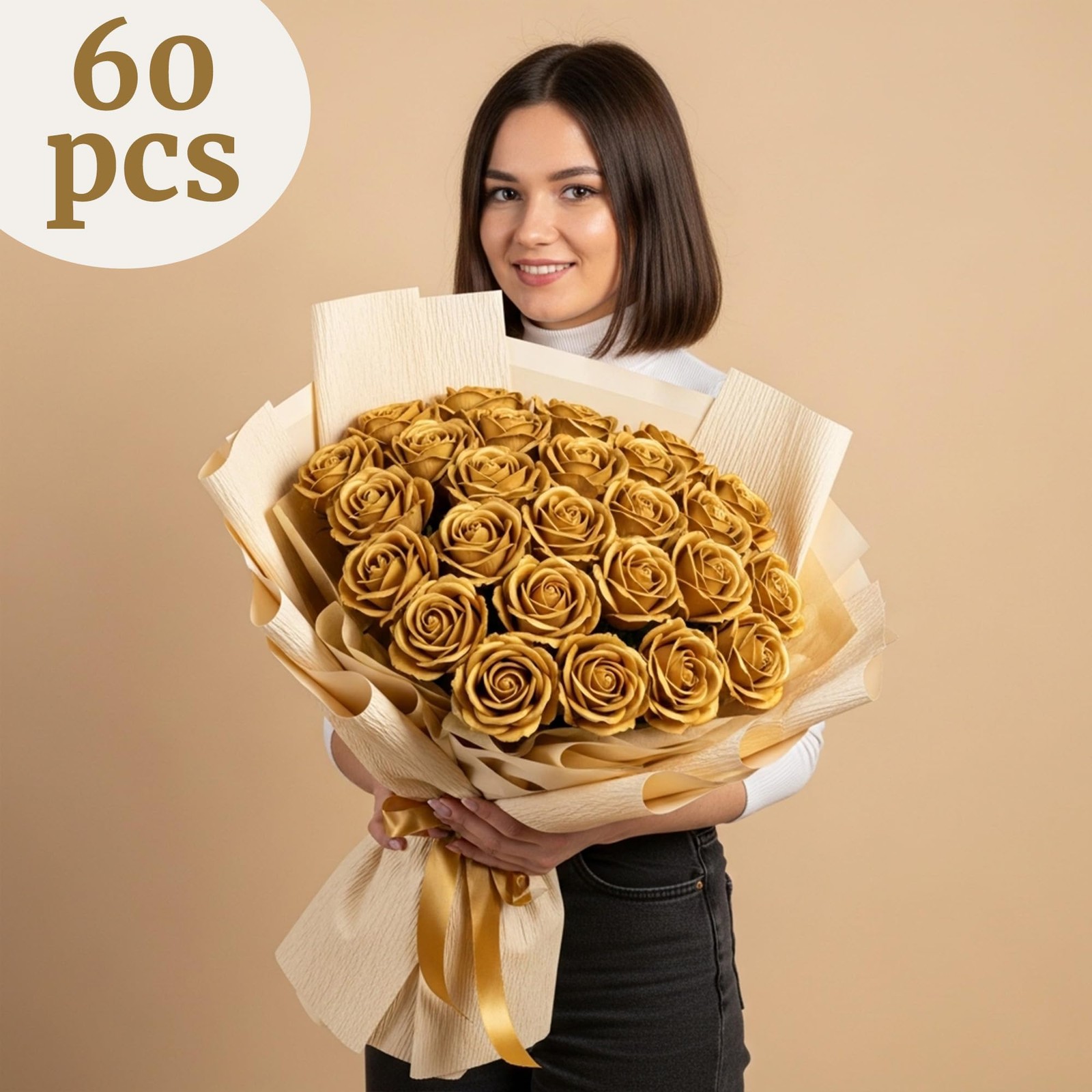 60 PCS Gold Rose Artificial Flower Faux Silk Realistic Bouquet Wedding Decor