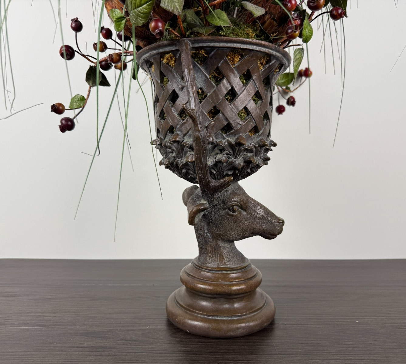 Rustic Stag Head Urn Faux Floral Arrangement Pheasant Feather Lodge Centerpiece