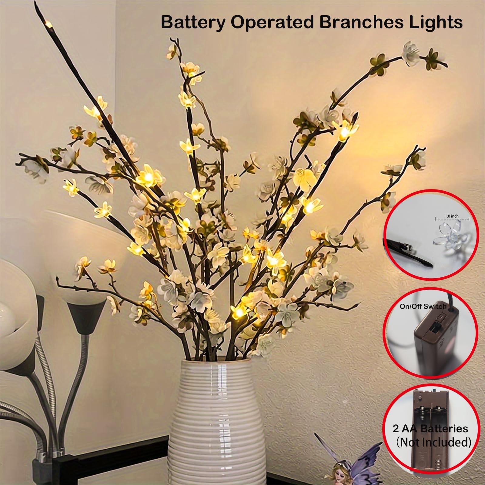 60 Battery Lighted Butterfly Twig for Indoor Vase Filler Flowers Decor