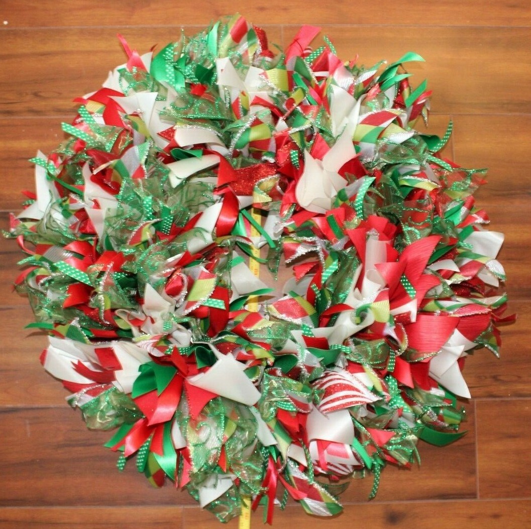 Christmas Winter Holiday Door Wreath Ribbons 23″ Red White Green Sparkle 24″ dia