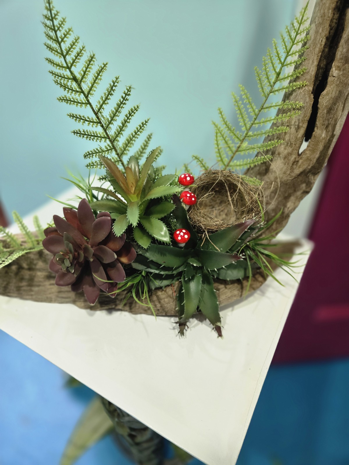 Handmade Driftwood Arrangement Centerpiece with Artificial Succulent and Fern