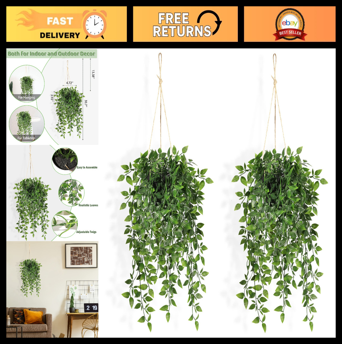 2 Pack Faux Hanging Plants – Artificial Greenery Vines for Home Decor, Indoor Po