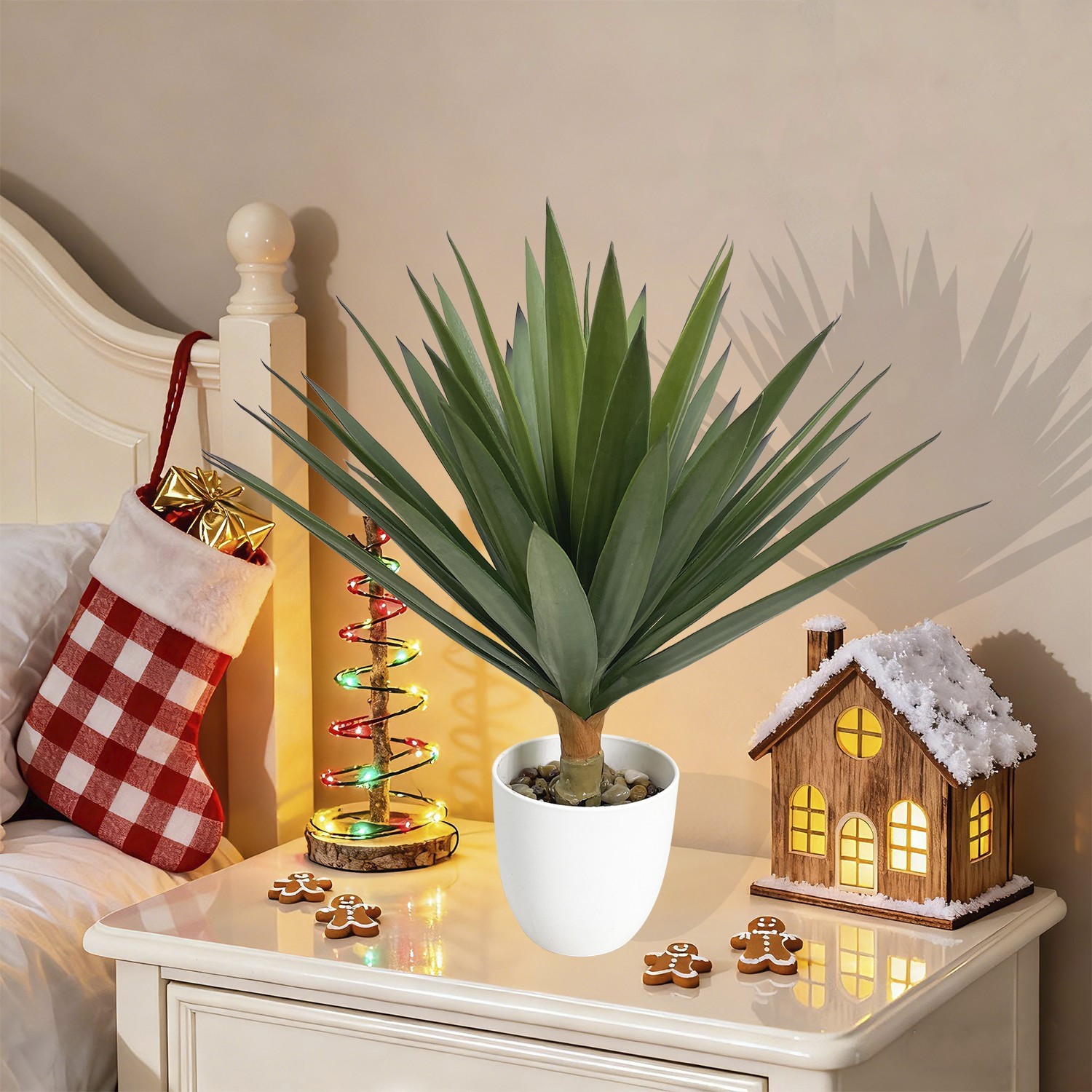 2Pcs 42cm Artificial Plant, 48 Leaves, White Pot with Pebble Decoration