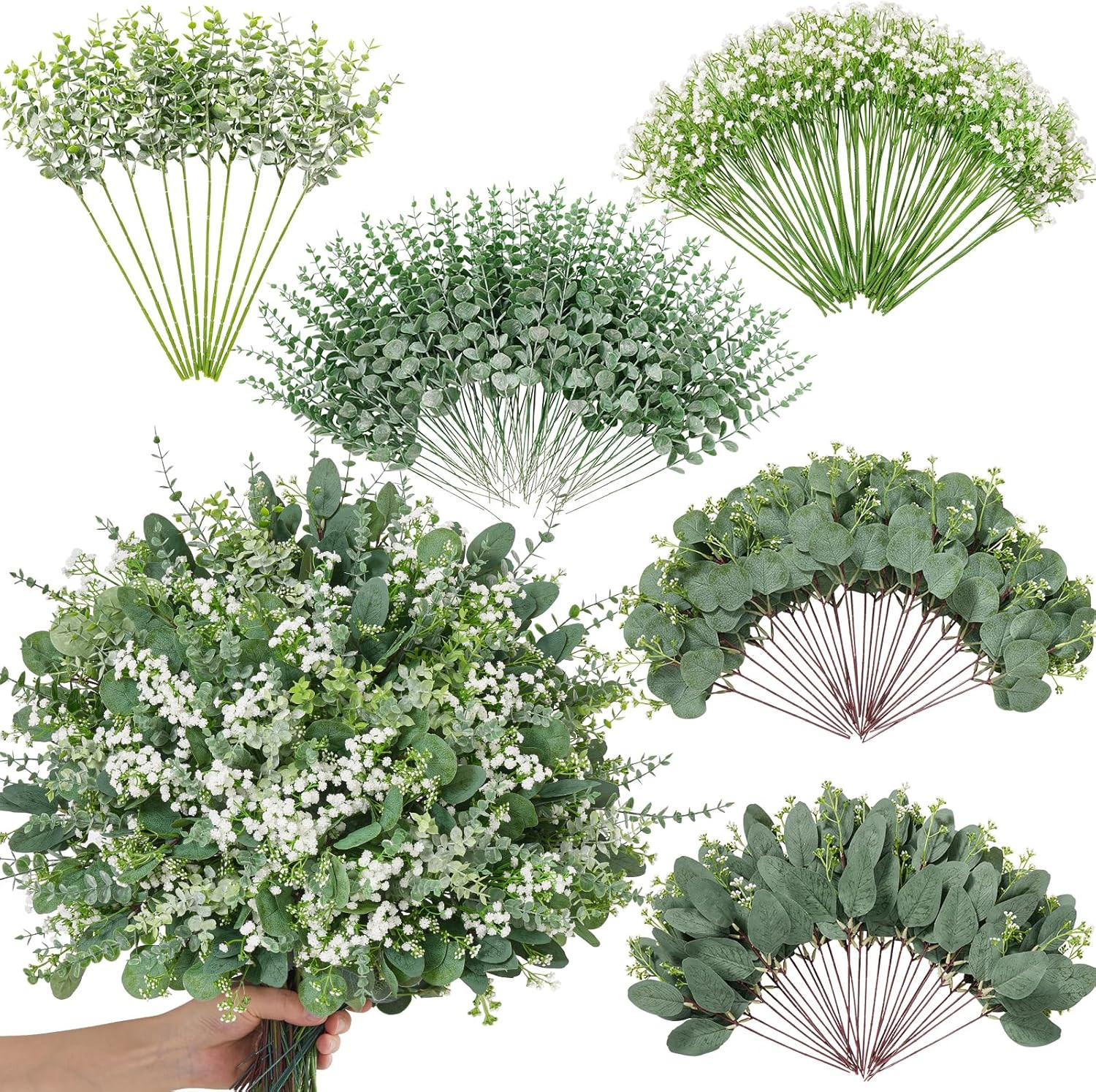 200 Pcs Mixed Artificial Eucalyptus & Flowers for DIY Wedding Decor