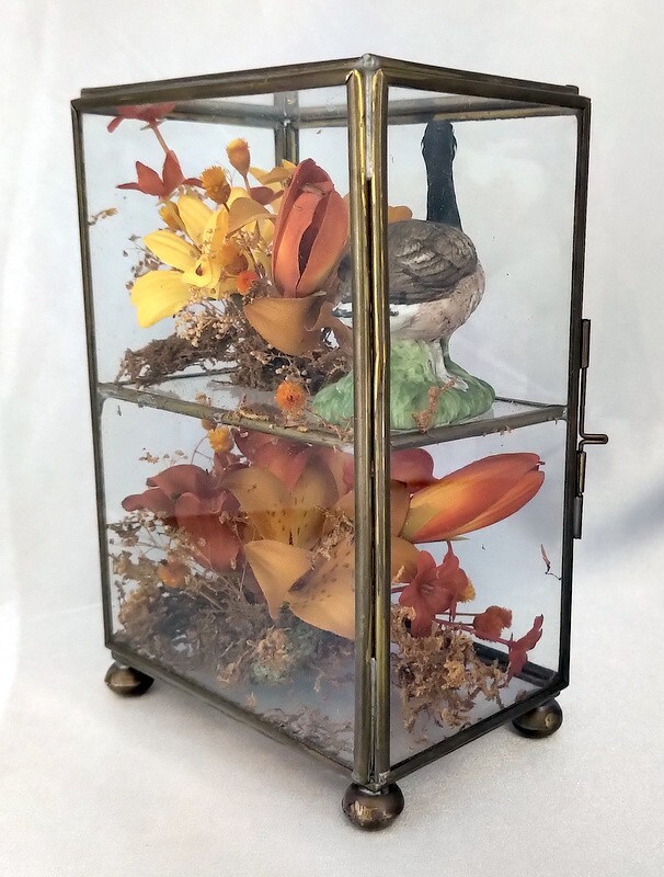 Lot (2) Vintage Octagon/Rectangle Glass Boxes w/ Dried Fall Floral Arrangements