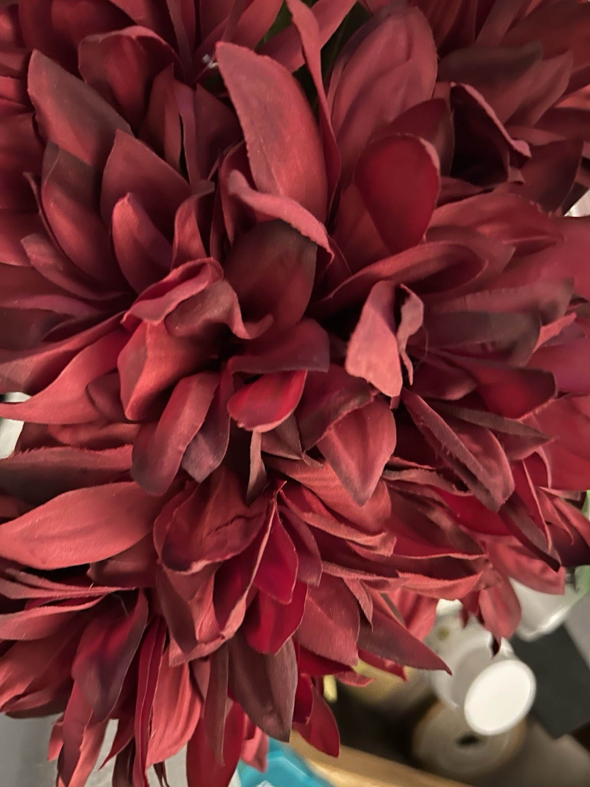 Heavy Faux Stone Planter Deep Red Silk Dahlias Floral Arrangement Centerpiece