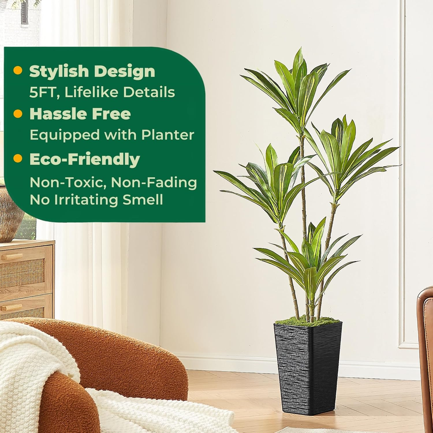 5FT Artificial Dracaena Tree with Black Planter and Fake Moss – Real Touch Fake