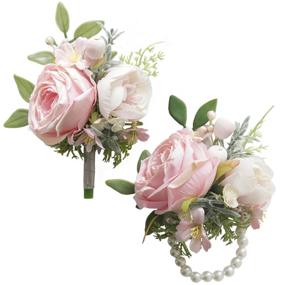 2 PCS Pink Wedding Corsage Boutonniere Set Artificial Flowers Prom W122