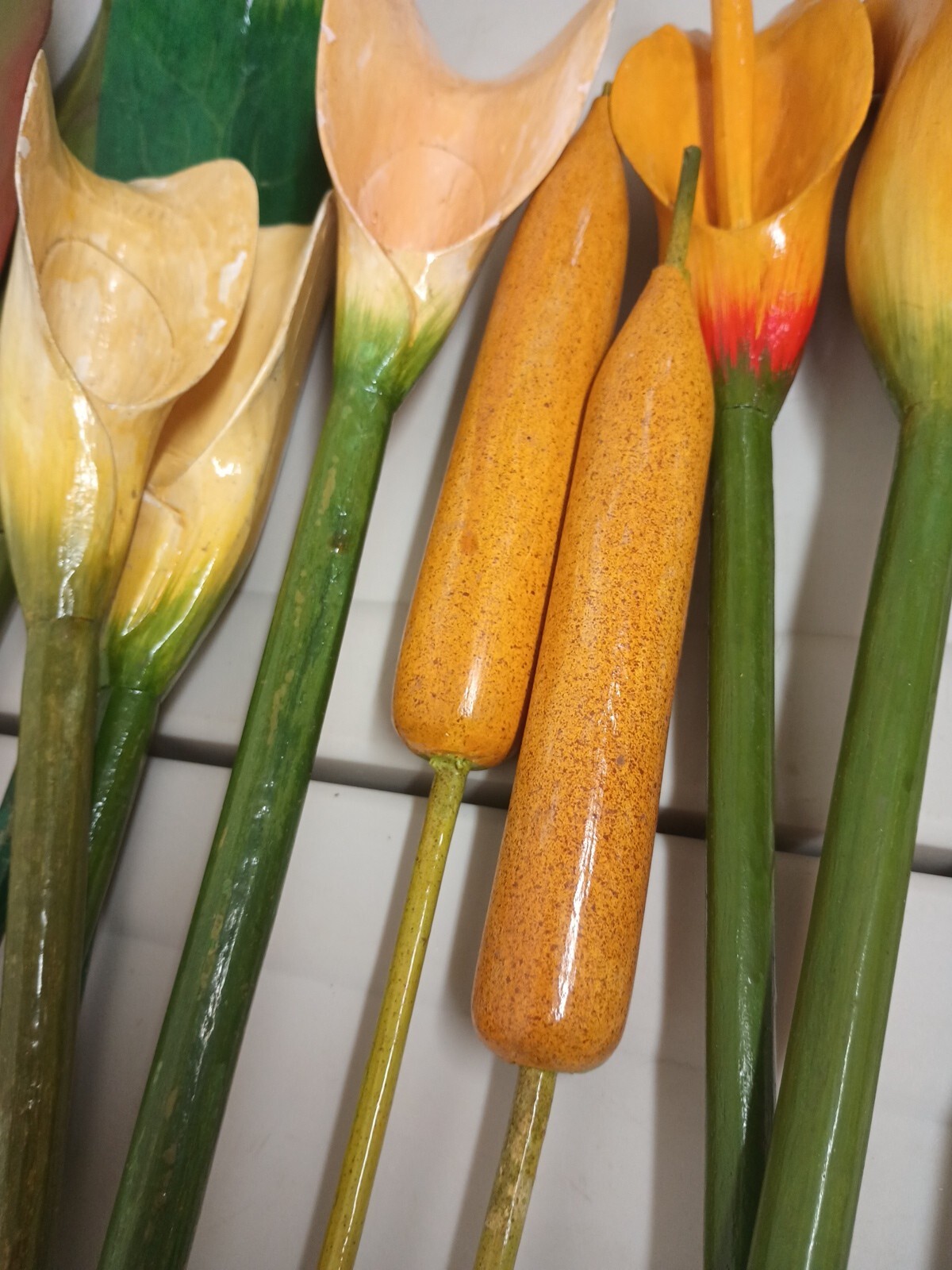 VTG Wood Tropical Flowers Long Stem 36″ Leaves Lot Of 13 Wooden Painted Carved