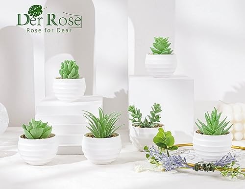 6 Pack Mini Fake Succulent Plants in White Pots Artificial Faux Greenery Decor