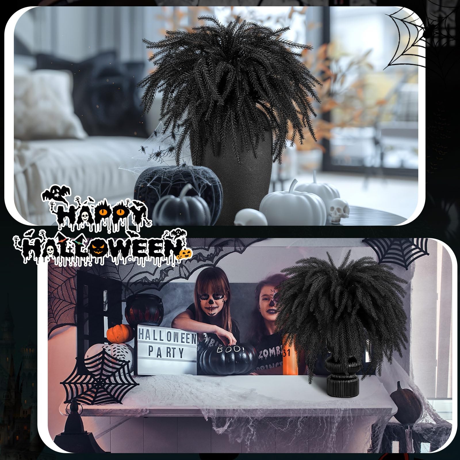 12 Pcs Halloween Artificial Flowers 17.7 Inch Faux Black Norfolk Pine Branch