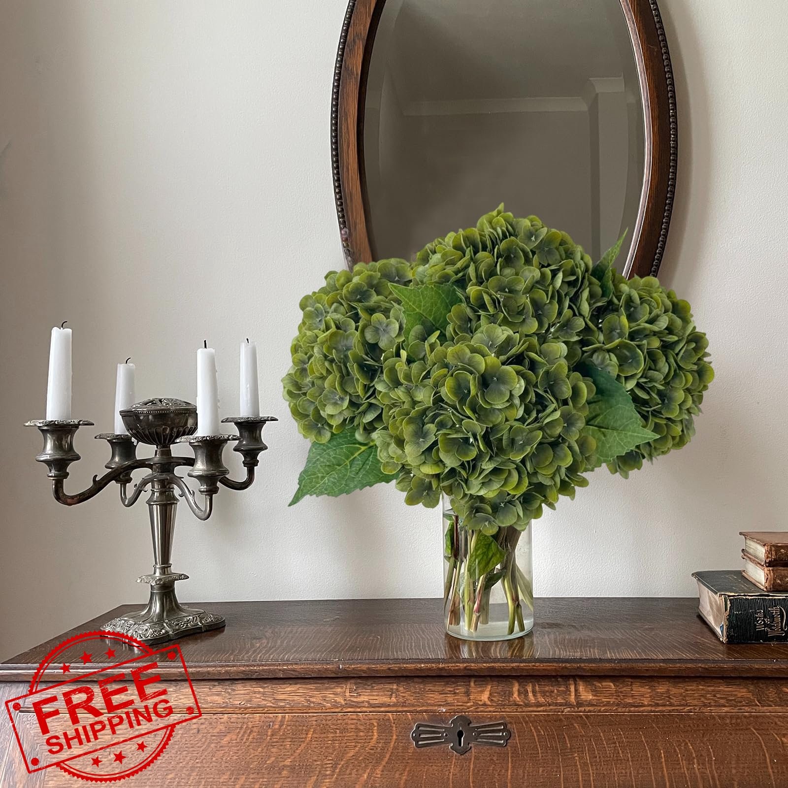 YalzoneMet 3pc Dark Green Hydrangea Flowers, 21in Real Touch Latex Faux