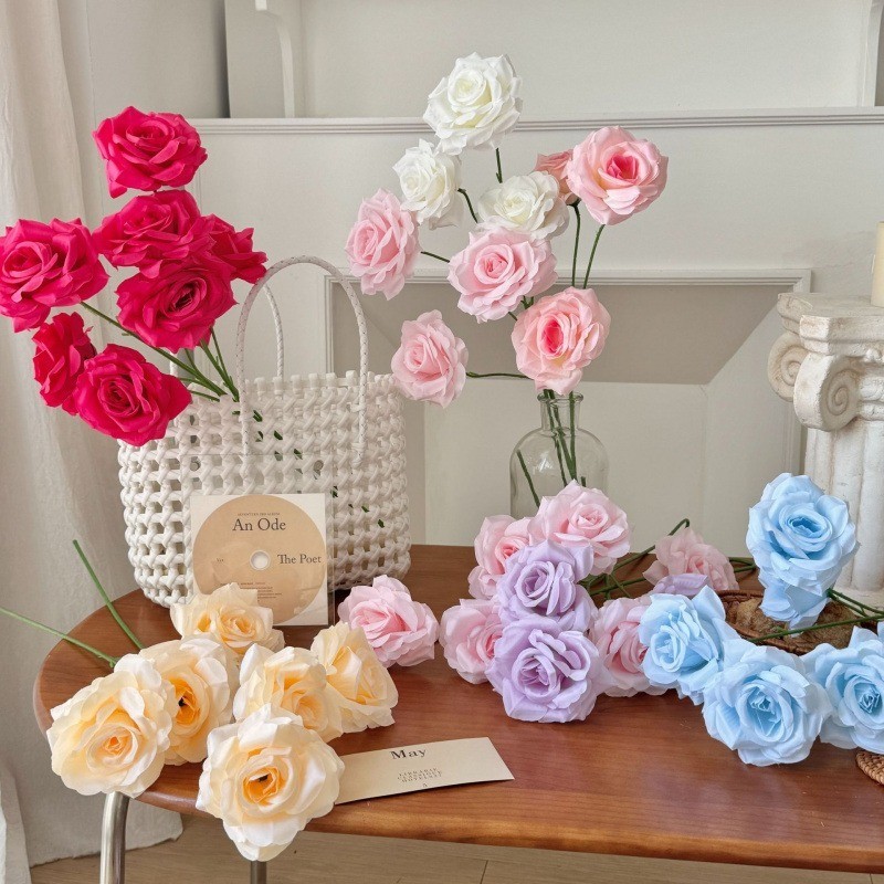 6Pcs Silk Artificial Roses Faux Flowers Pink Blue Purple for Wedding Home Decor