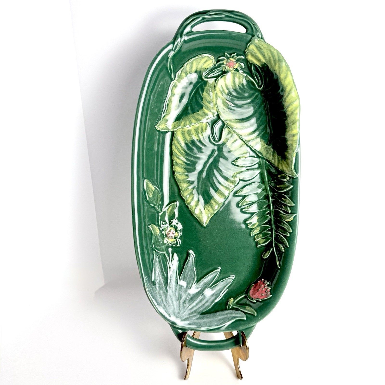Opalhouse MAIOLICA STONEWARE GREEN LEAF FLORAL Decorative Tray 18″X9″ Handles