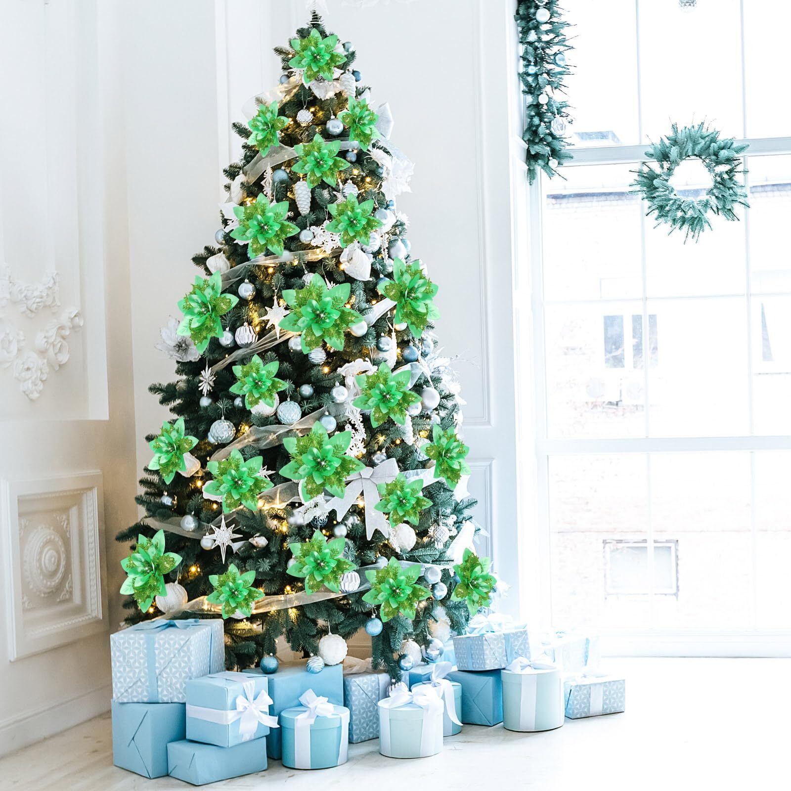 36 Pcs Emerald Green Poinsettias Glitter Christmas Flowers 6″ 4″ 3″ Clips