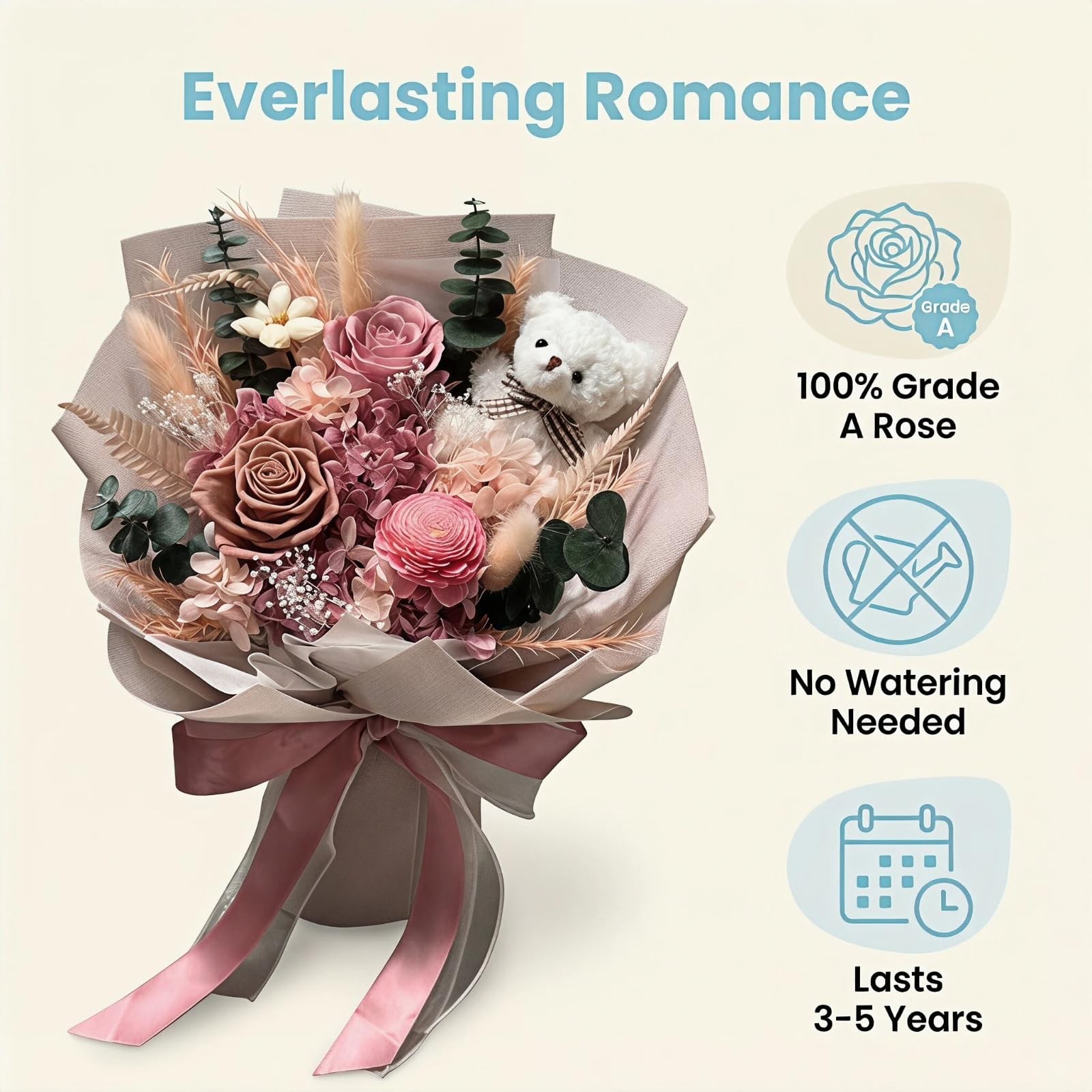 Pink Roses Bouquet Preserved Forever Flowers Gift For Mother Women Wife Mom