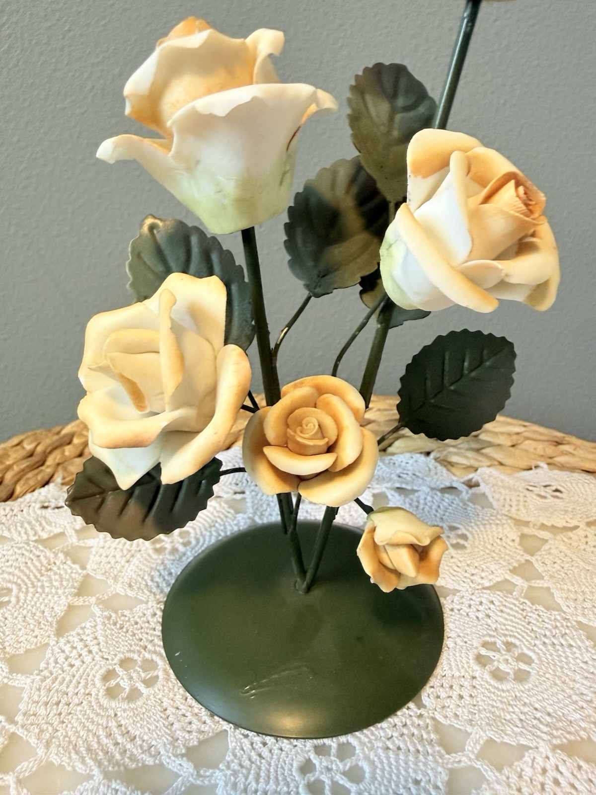 Porcelain Rose Flower Arrangement Metal Base 10” Peach Floral Home Decor