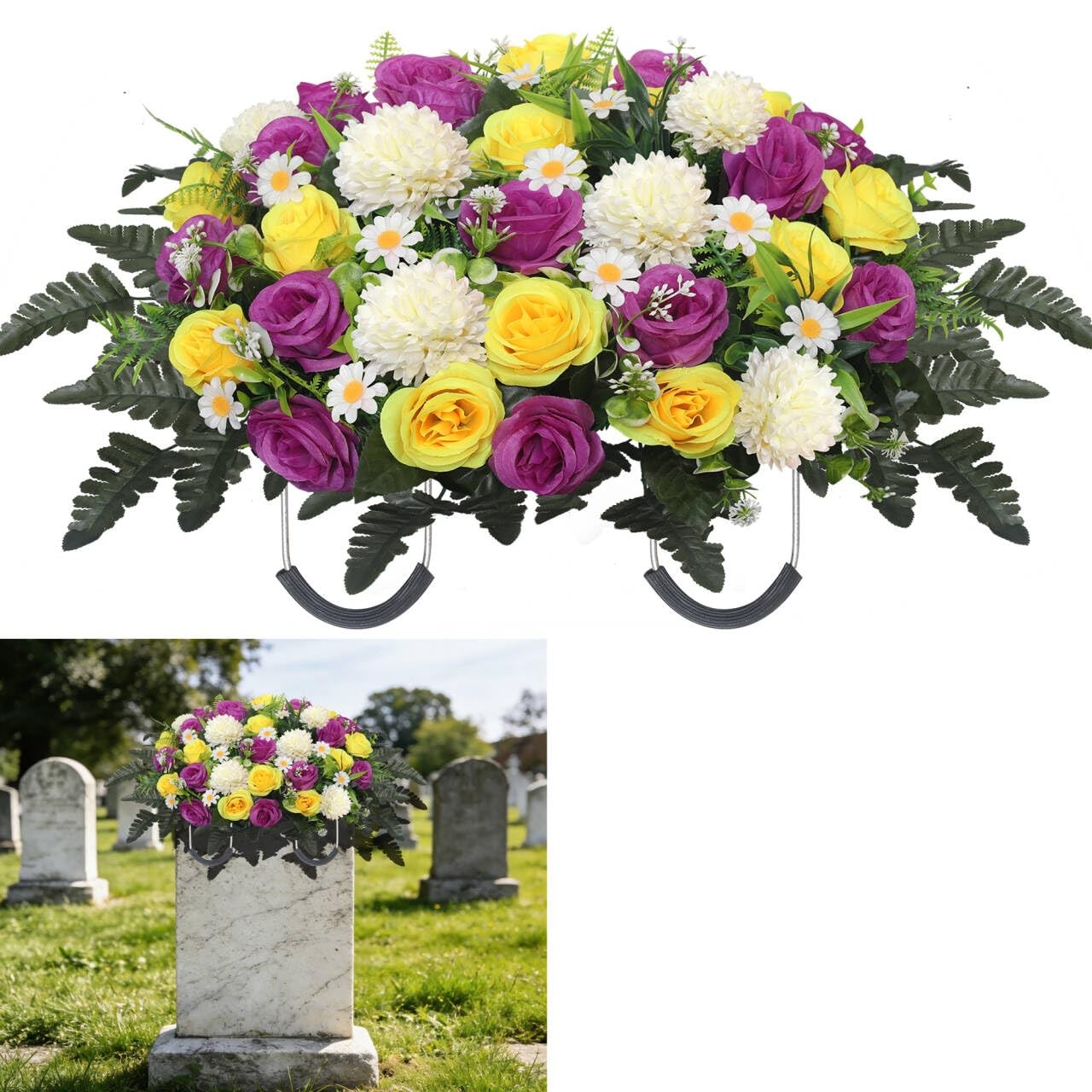 Headstone Flower Saddle,Large Artificial Cemetery Flowers for Grave Roses & C…