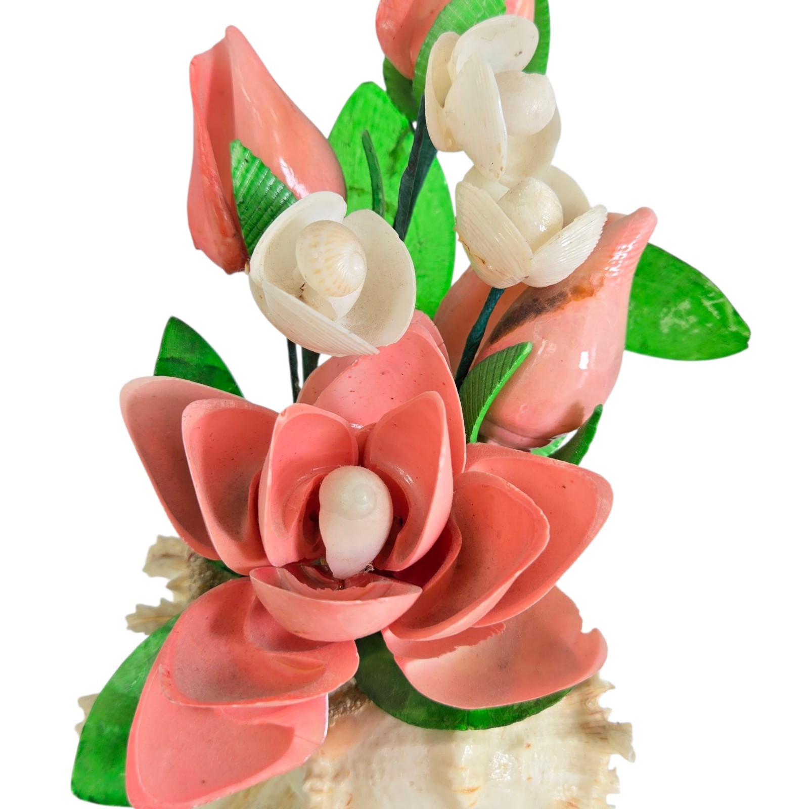 Vintage Seashell Flower Arrangement Pink Green Bouquet Decor Tropical Cottage
