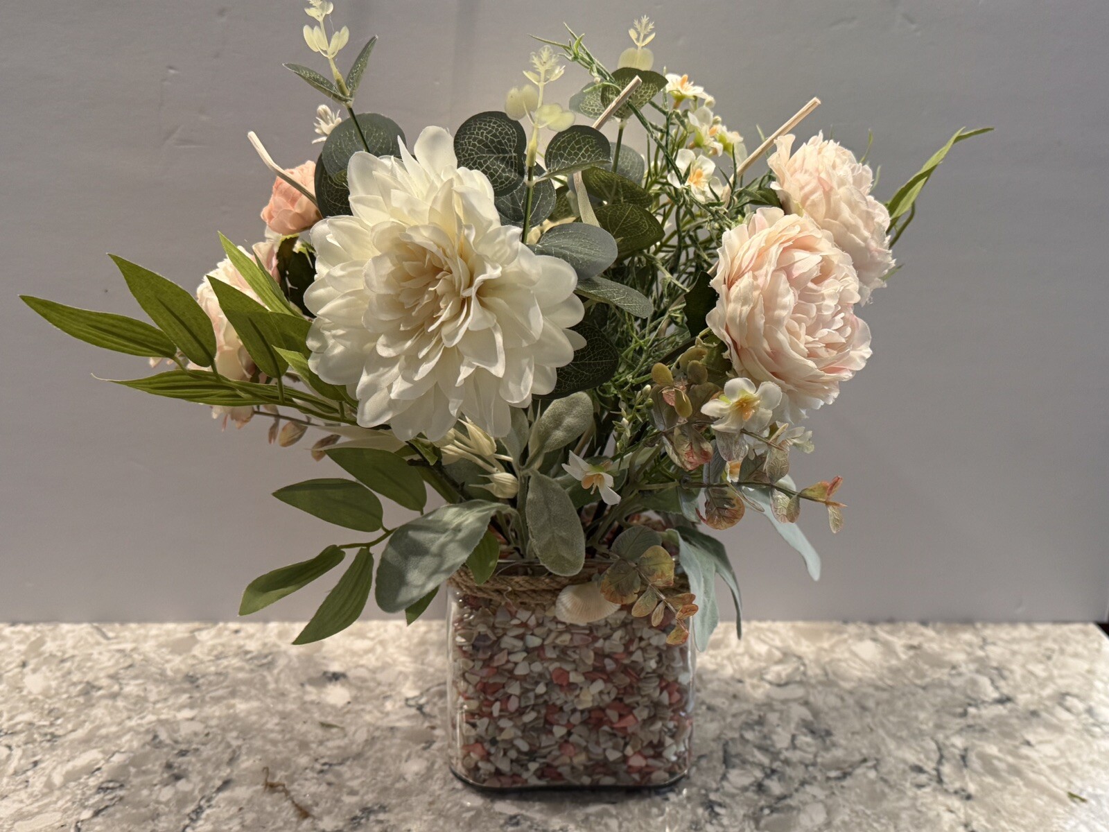 Spring Silk Floral Arrangement Clear Glass Vase Shell Chips Beach Decor