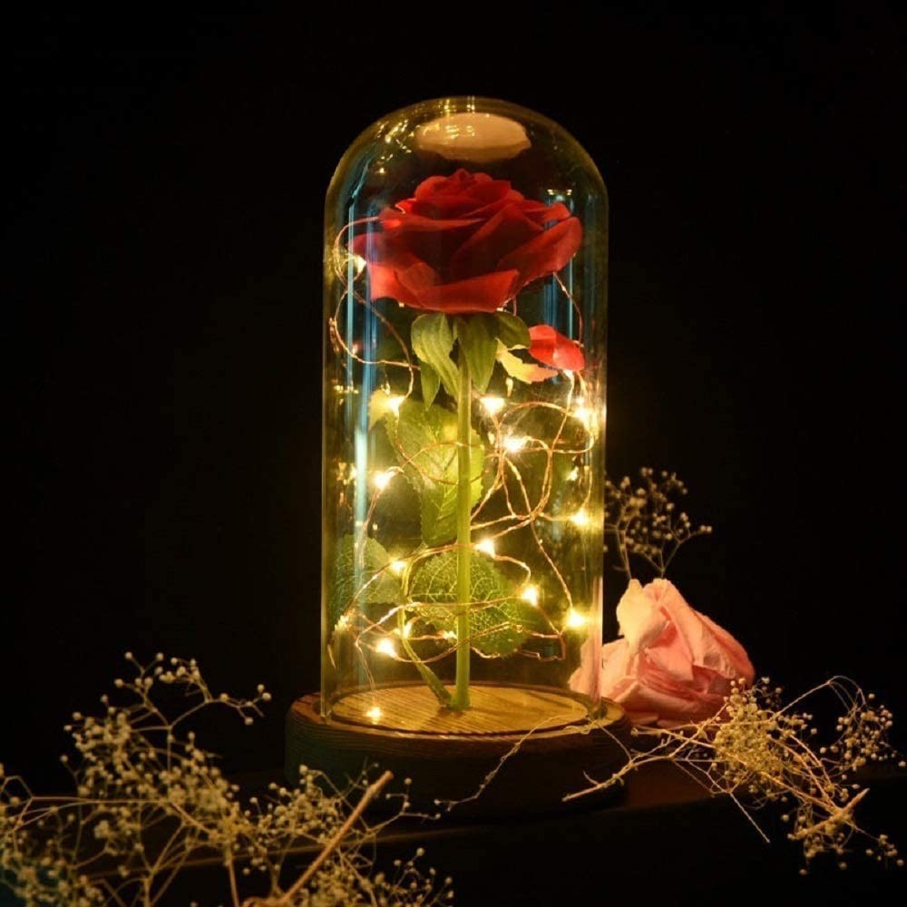 Preserved Rose Red Silk Enchanted Rose in Glass Dome with LED Lights Pine Base