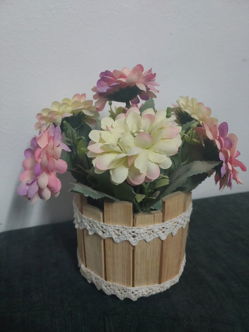 Rustic Artificial Flower Arrangement in Wooden Barrel Pot Farmhouse Decor