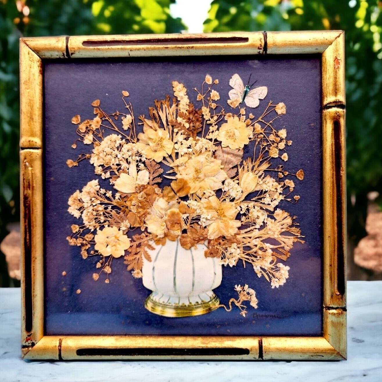 Garden Flowers of Summertime Pressed Flower Botanical Art Faux Bamboo Frame v2