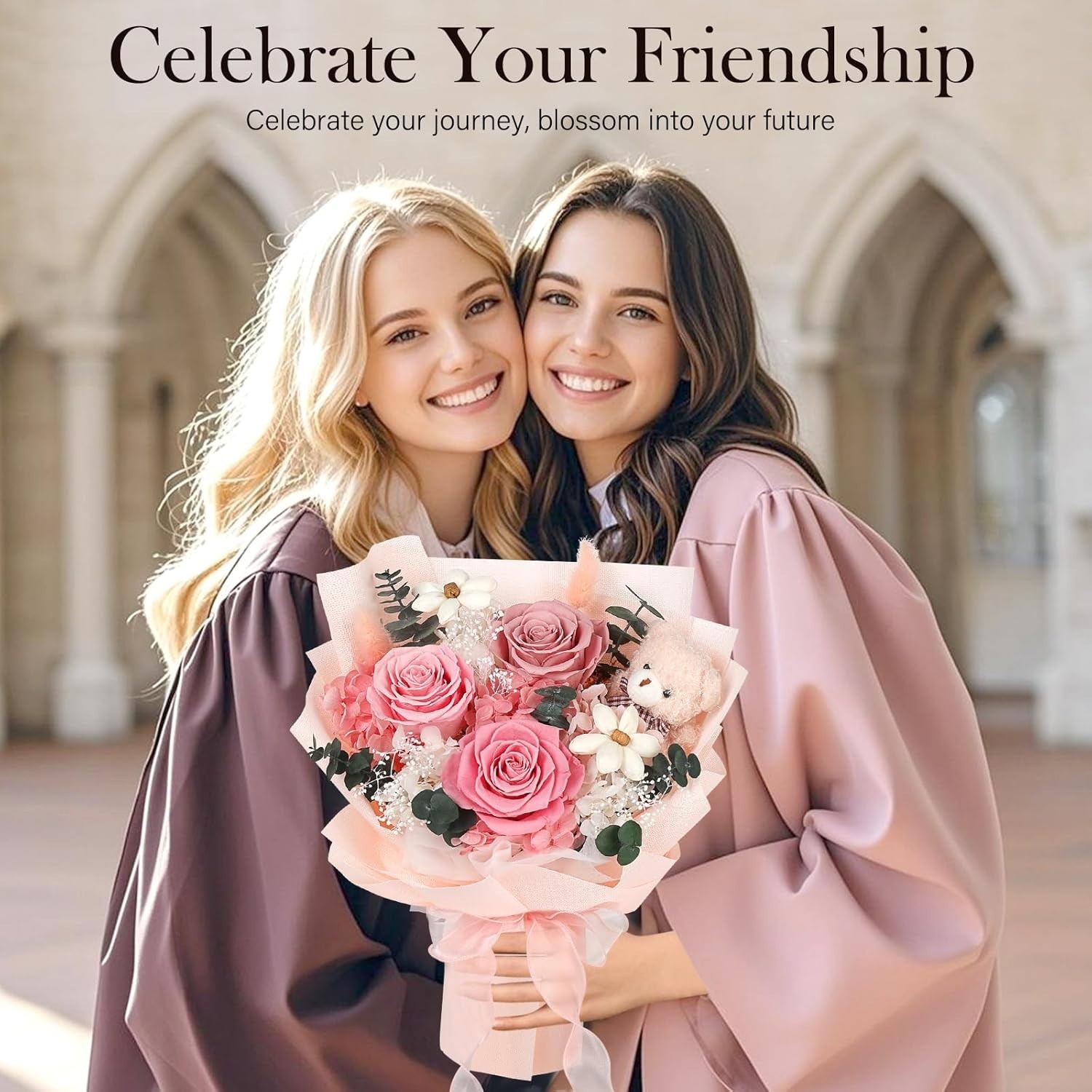 Preserved Flowers Bouquet with Bear Long Lasting Pink Roses Gift for Women