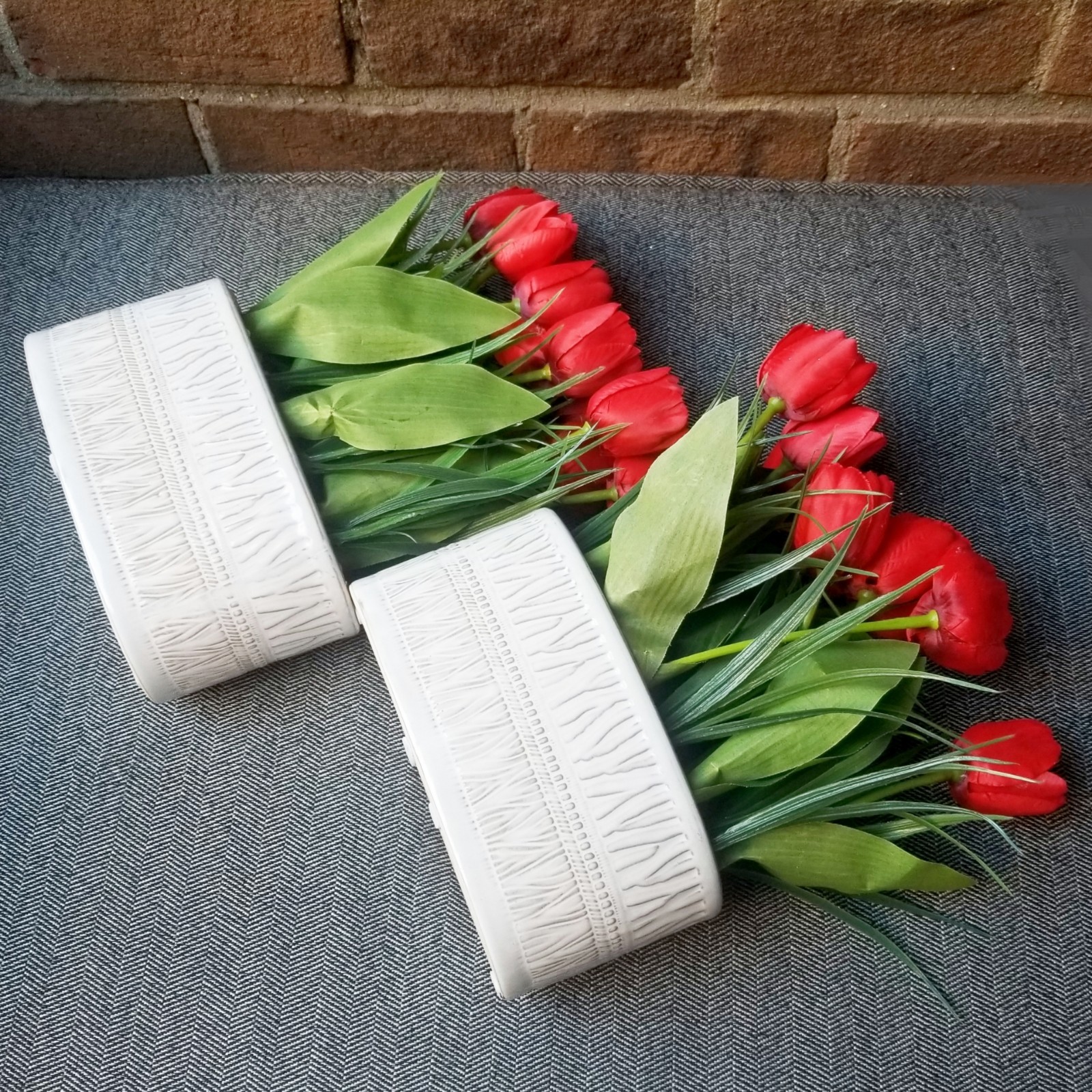 Red Tulips Flowers Planters Artificial Potted Houseplants White Pots Fake Set x2