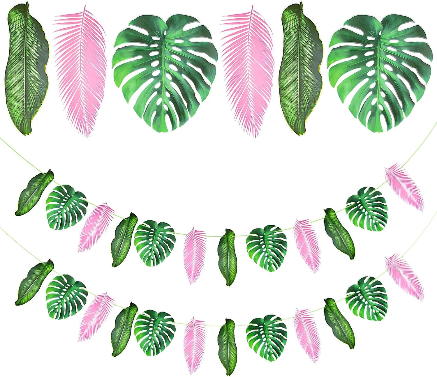 24 Pcs 8.5 Ft Artificial Tropical Palm Leaves Garland – Pink Green Monstera Leav