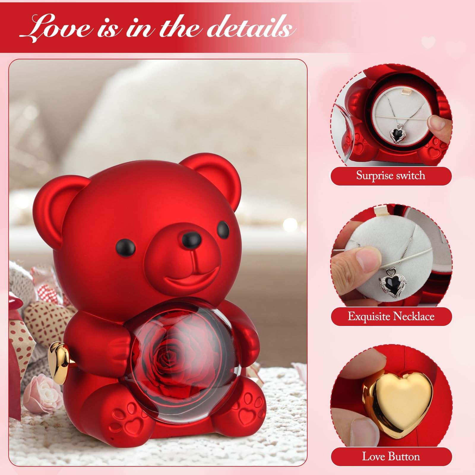 Easegain Cute Teddy Bear with Forever Preserved Real Rose,Eternal Flowers