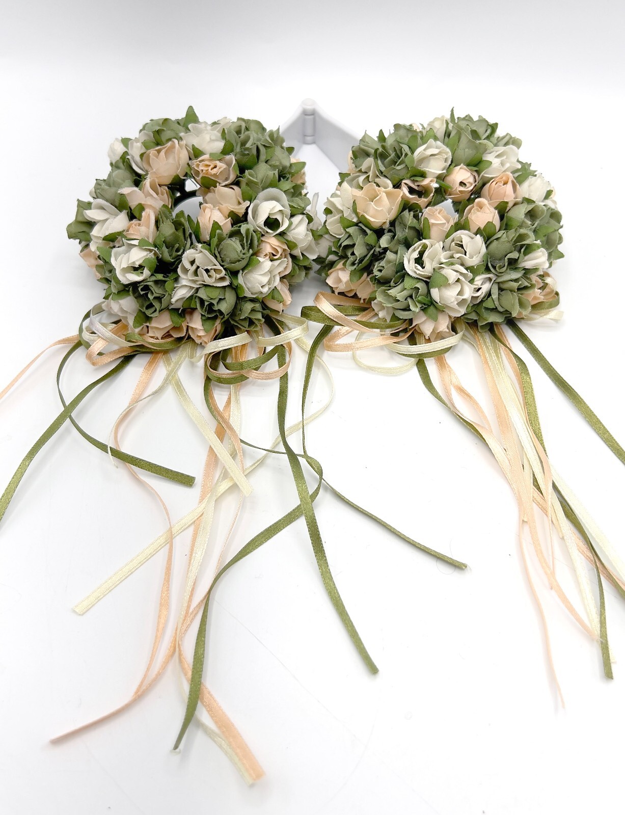 Pink & White Silk Rose/Peony w/Greenery & Streaming Ribbon Centerpiece Ring Pair