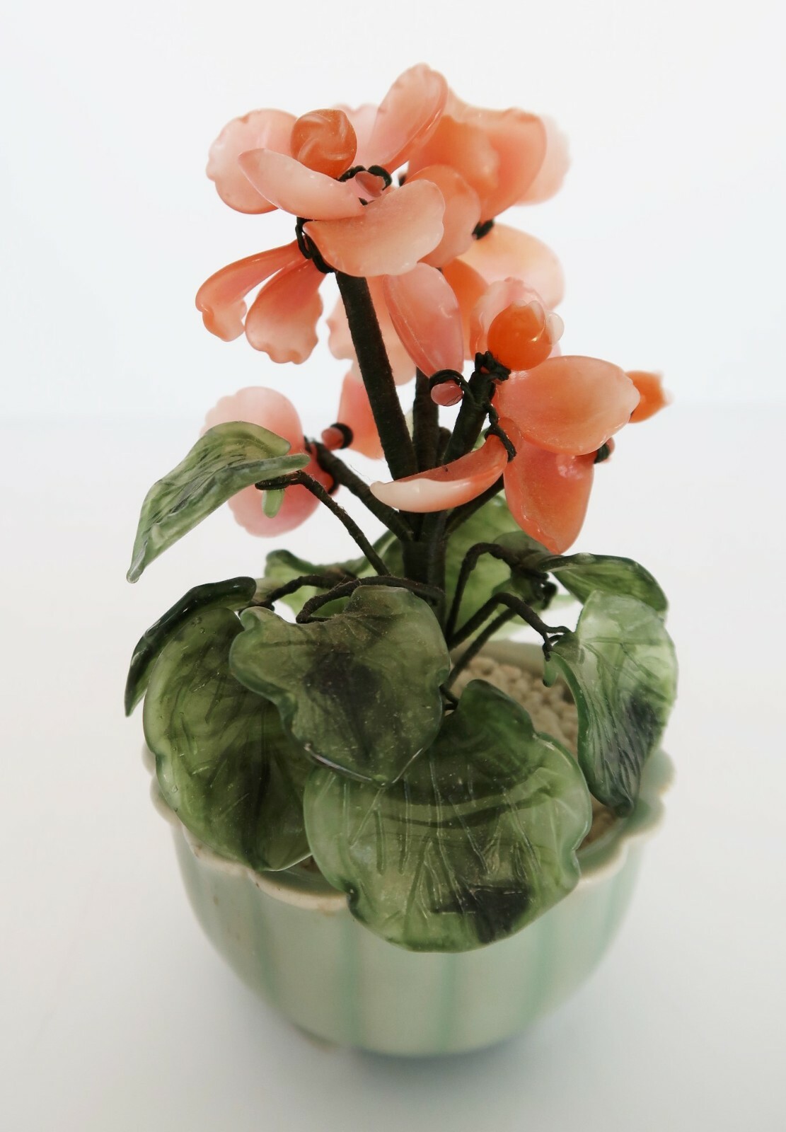 Vtg peach & green glass hand crafted artificial floral potted plant bonsai tree