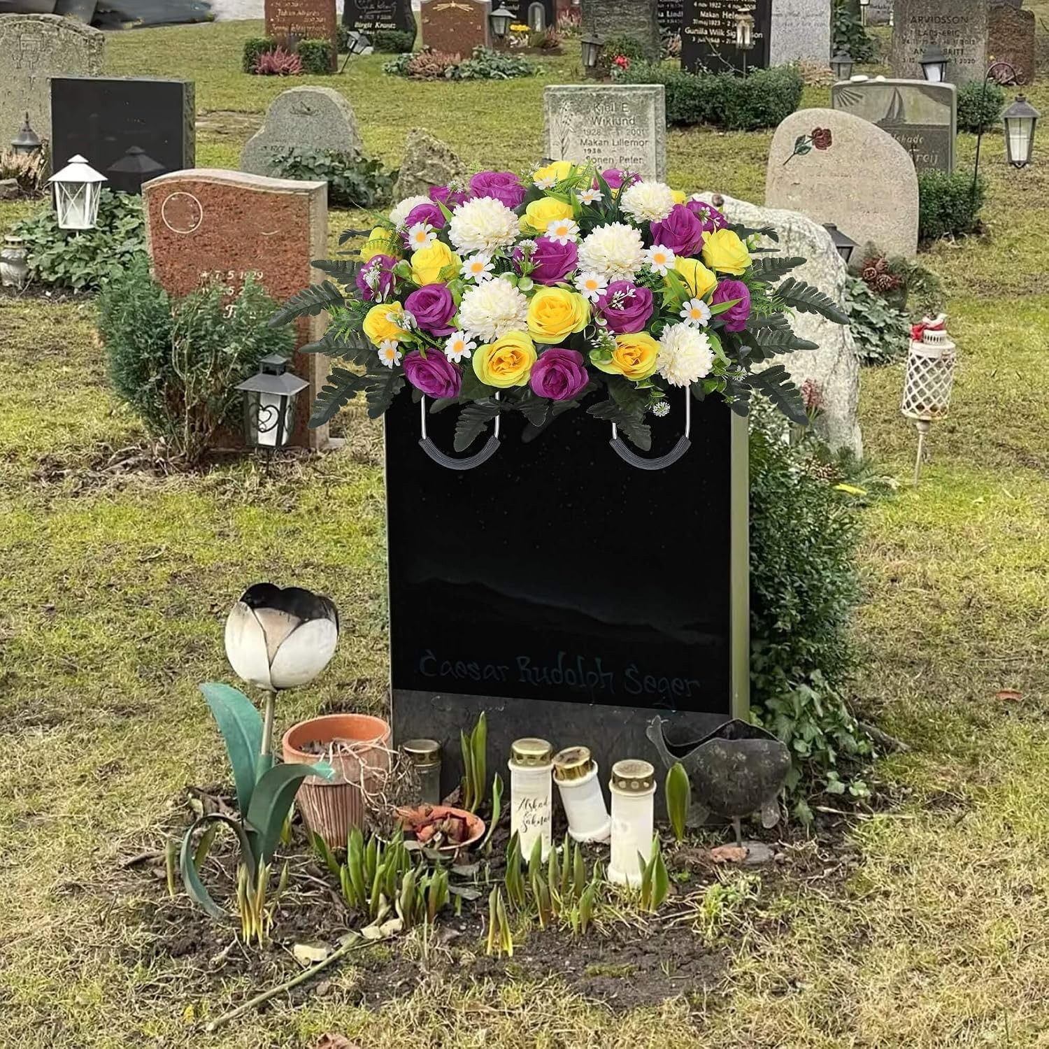 Headstone Flower Saddle,Large Artificial Cemetery Flowers for Grave Roses & C…
