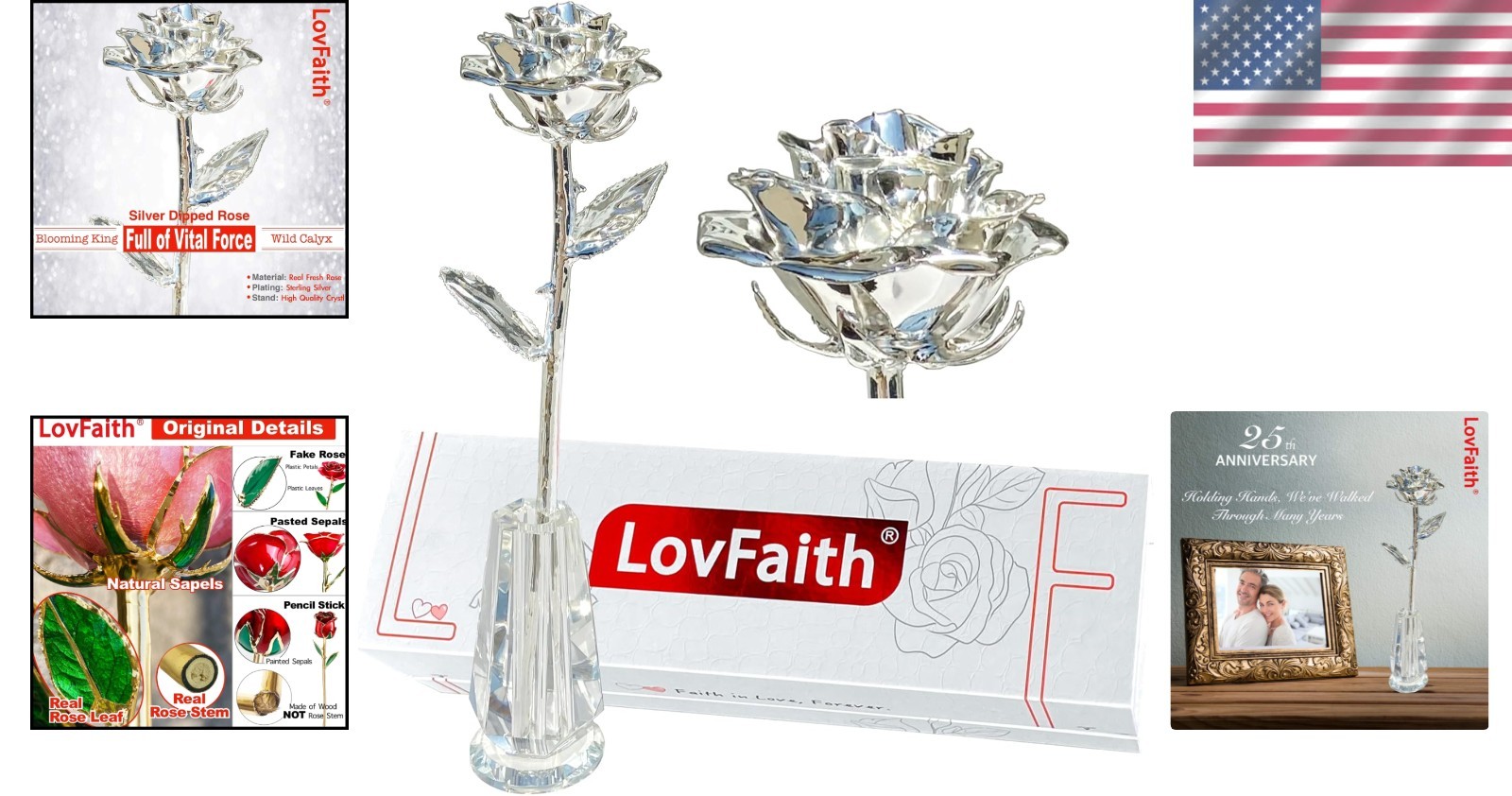 Real Rose Dipped Sterling Silver Crystal Stand