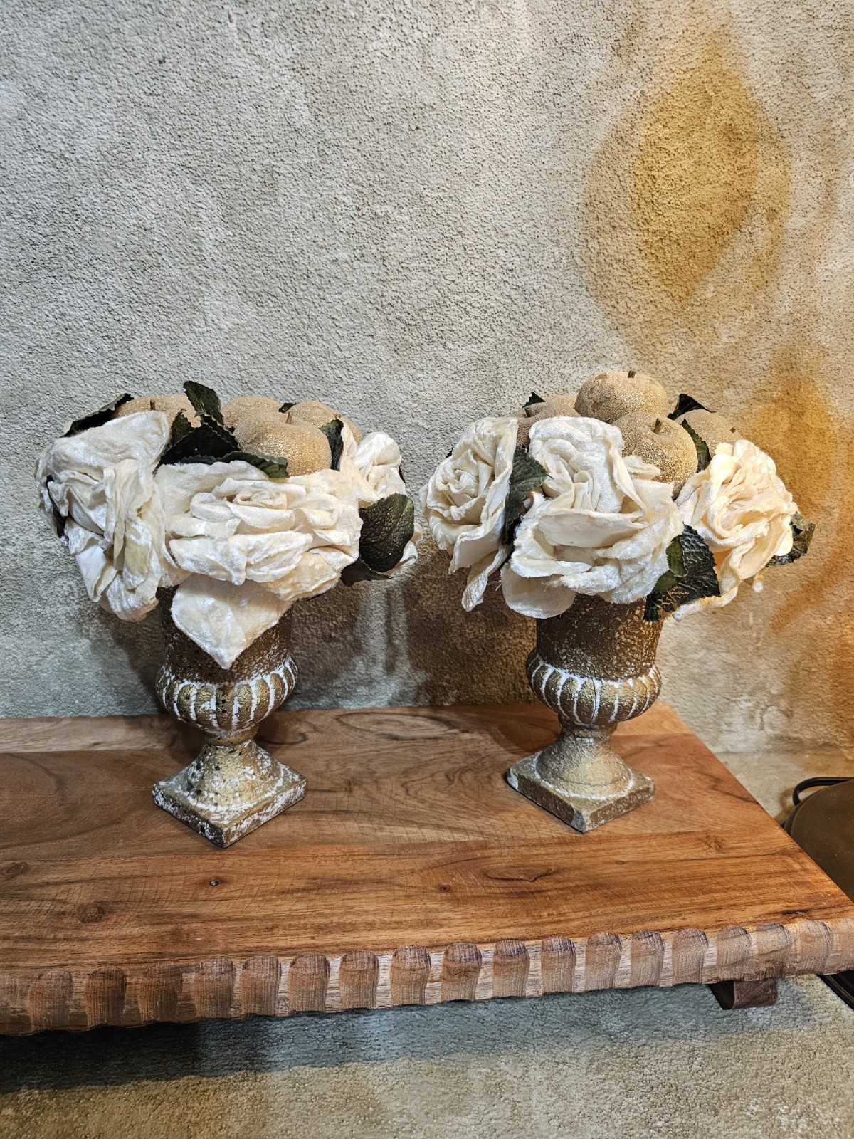 2 Vtg Velvet Floral Arrangement Cream Rose Glitter Apple in Champagne Urn/bowl