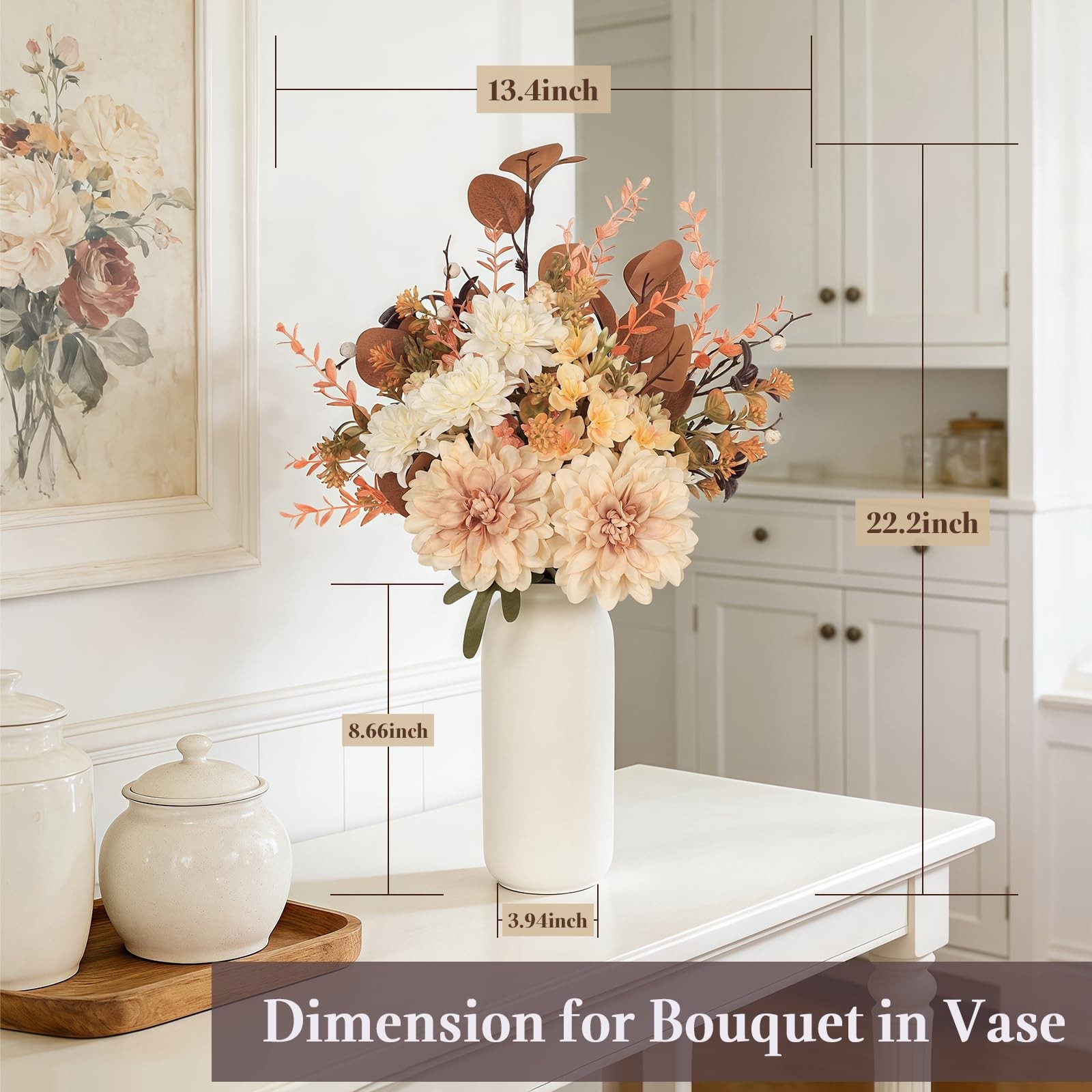 Artificial Fall Flowers Bouquet in Ceramic Vase, Faux Brown Flower Centerpiec…