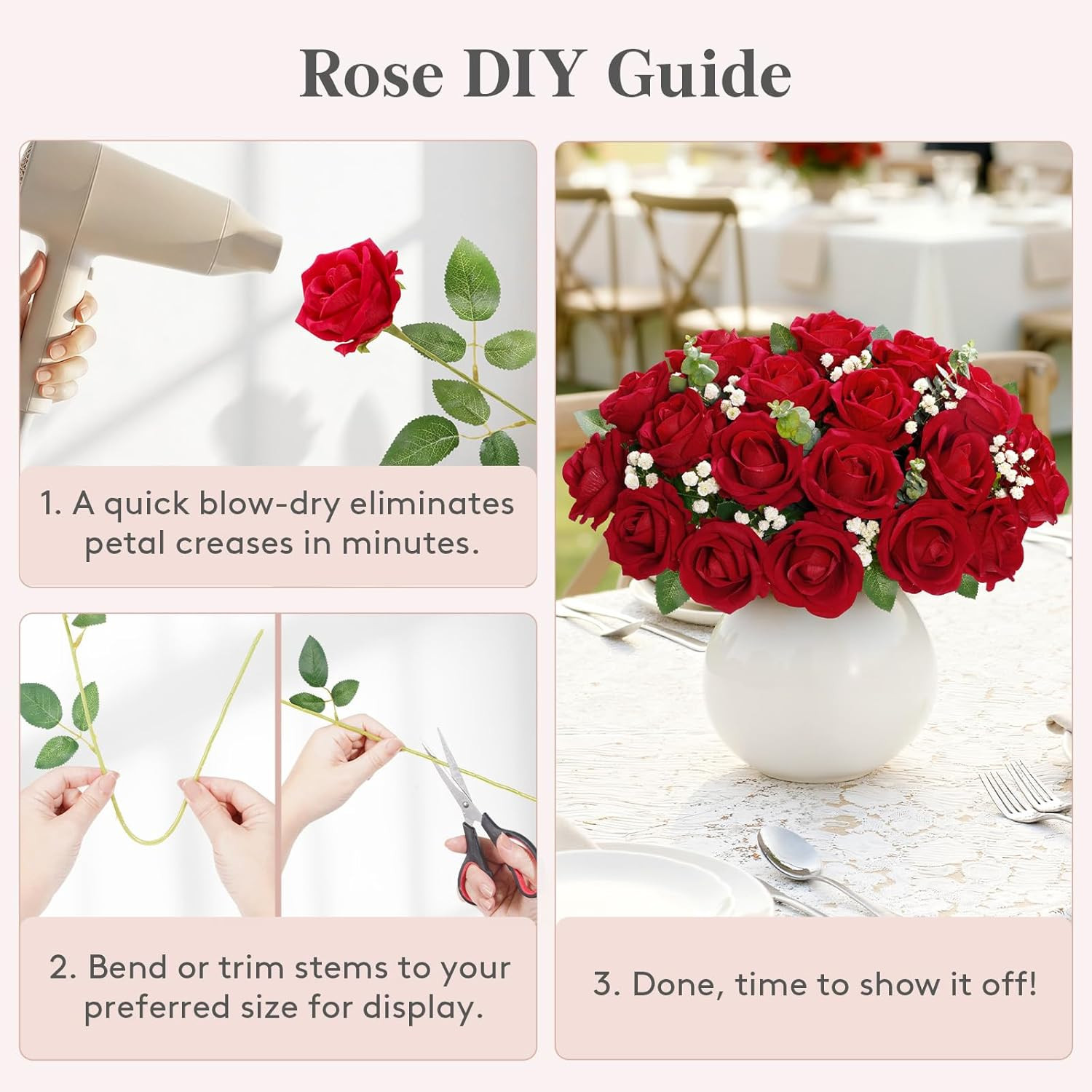50 Pcs Red Artificial Roses Flowers in Bulk, Fake Long Stem Silk Roses for DIY W