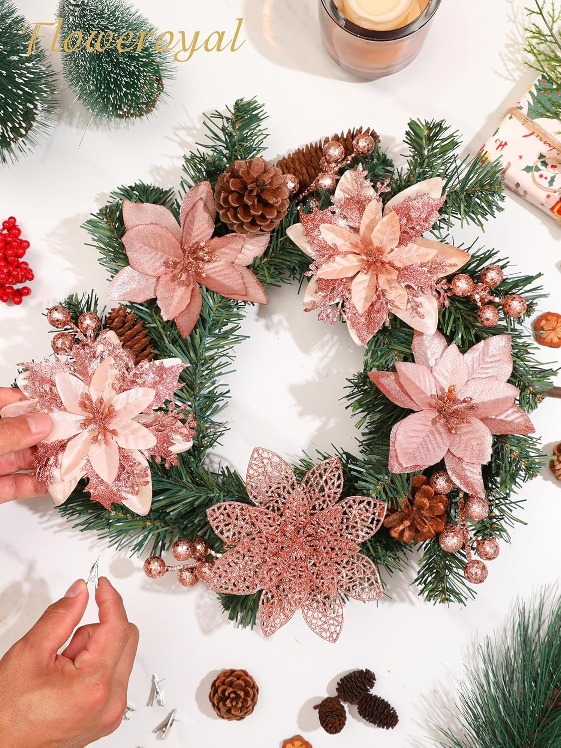 30pcs Poinsettia Artificial Christmas Flowers Decorations with Clips and Berr…