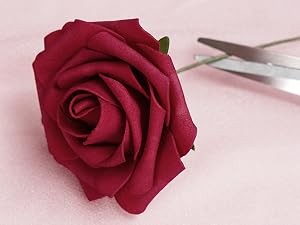 16Pcs Artificial Flowers Fake Roses with Stems, Burgundy Boxed Foam Roses for
