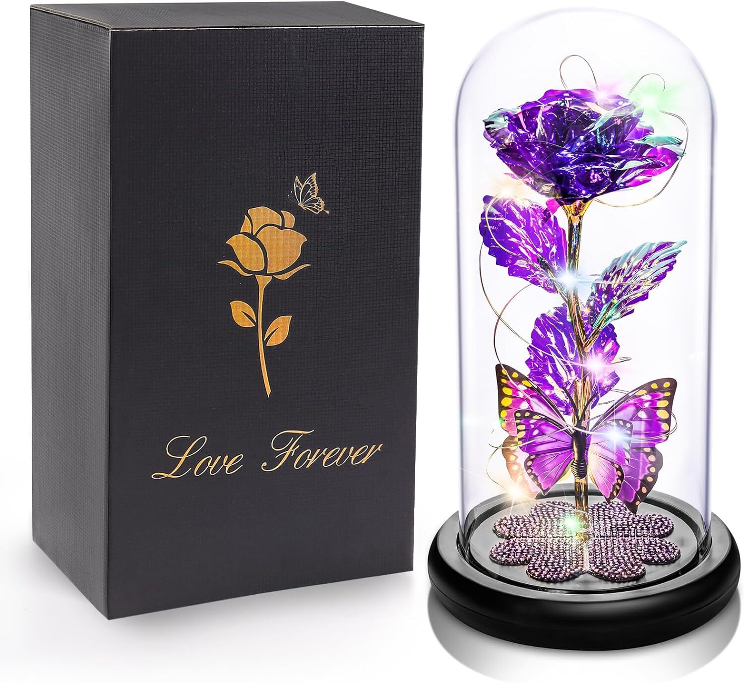 Purple Glass Rose With Butterfly And Heart Crystals Led Light Mother’s Day Gift