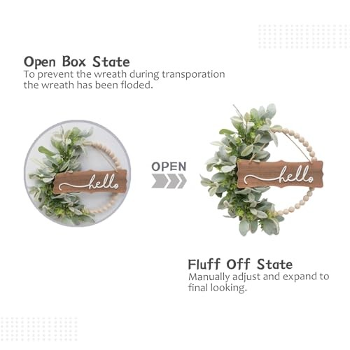 Green Wreath for Front Door, Wood Bead Wreaths with Artificial Lambs Ears