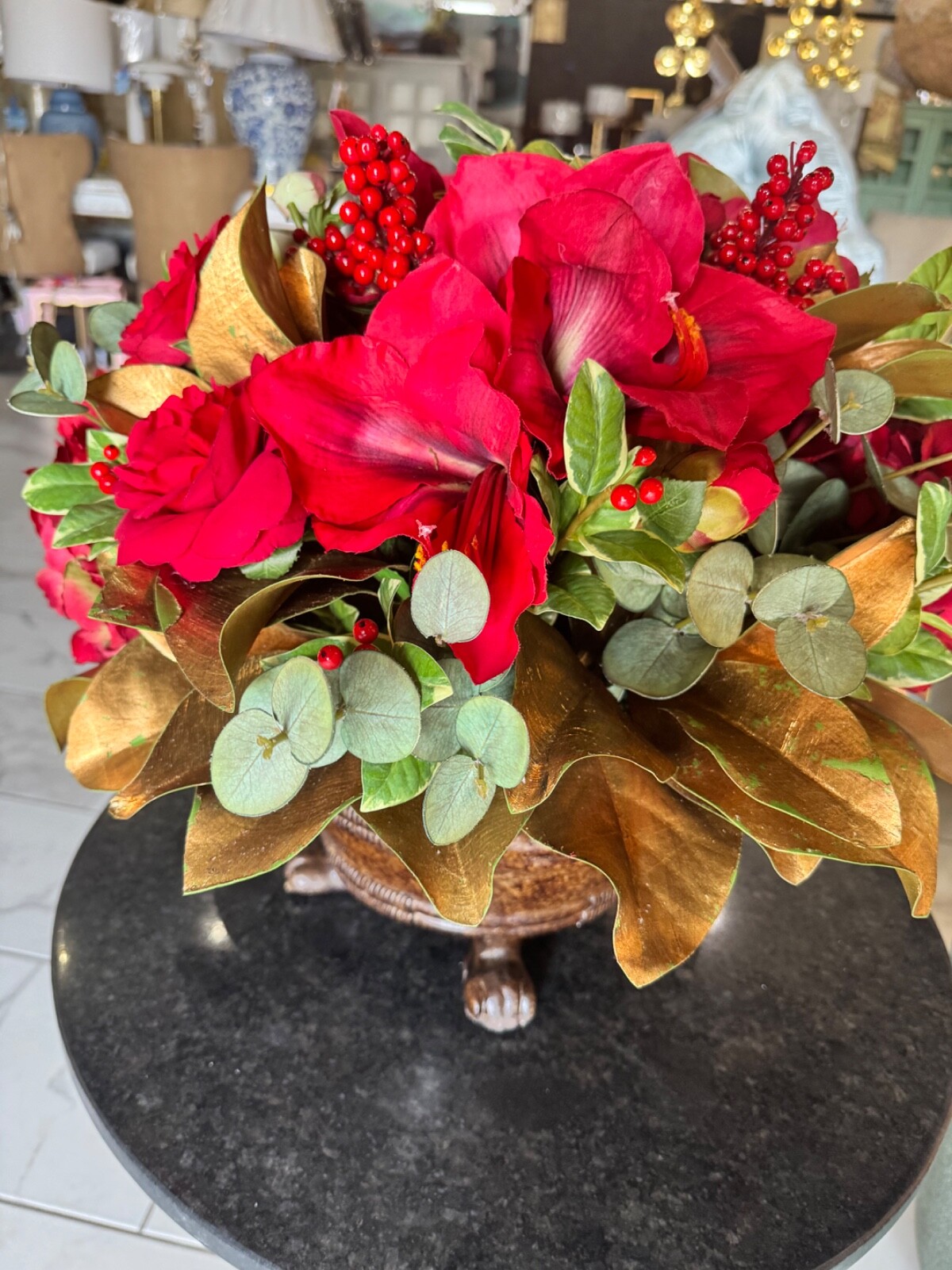 Faux Amaryllis Camellia Floral Arrangement in Planter-Winward Home