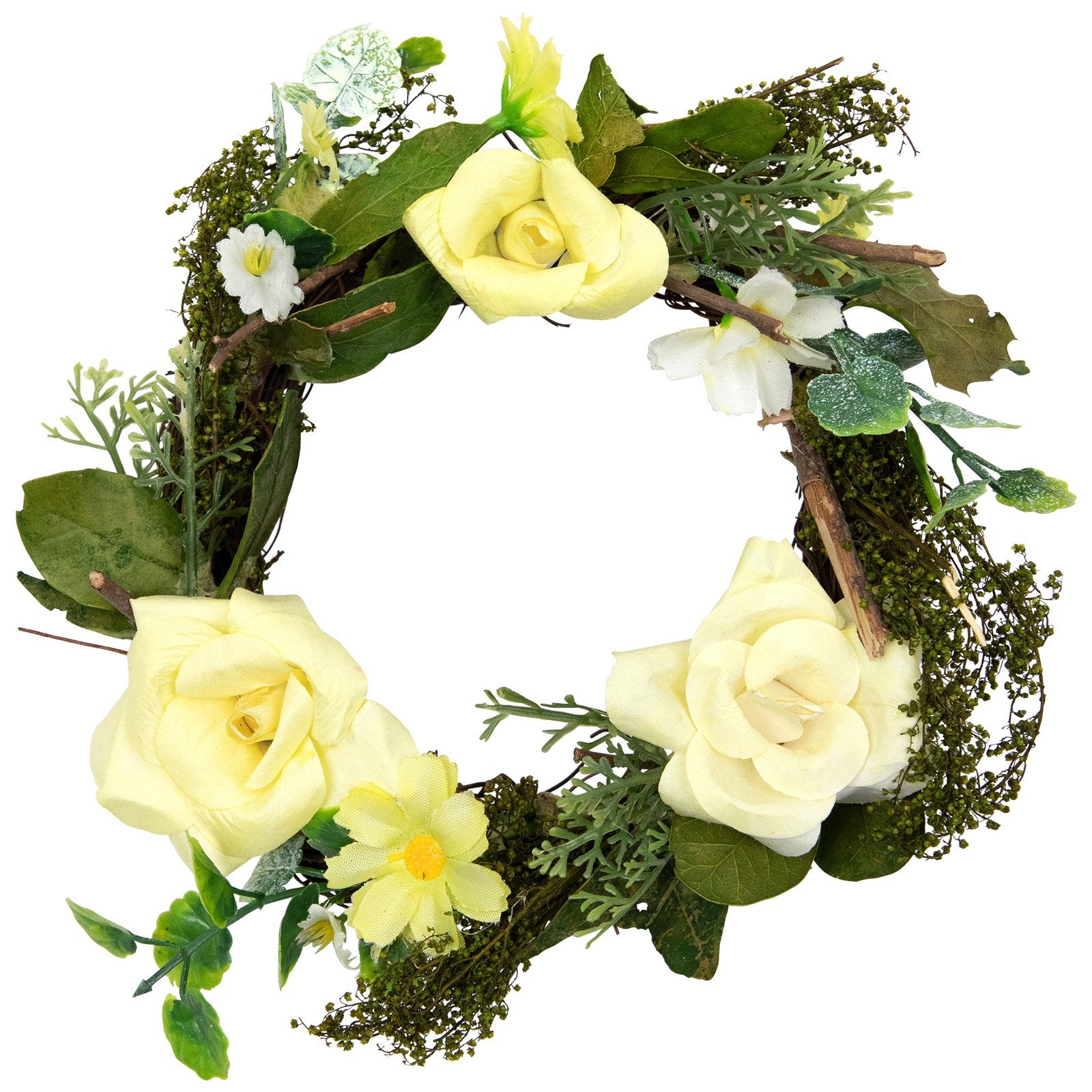 Mini Rose and Foliage Artificial Spring Wreath – 7″ – Yellow