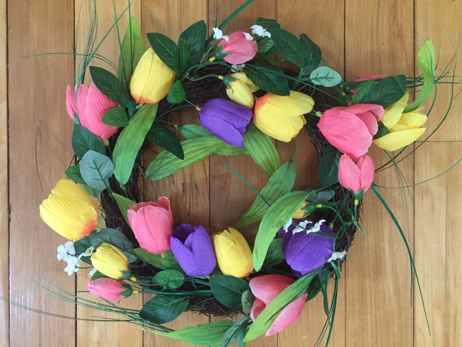 Beautiful Bright Floral Pink Purple Yellow Tulip Spring Door Wreath Door Decor