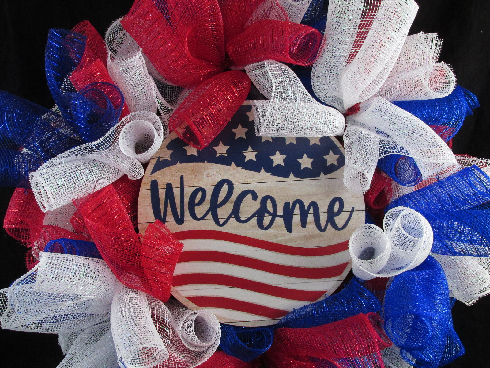 Red, White, and Blue Woodland Cruffle Deco Mesh Ribbon Welcome Wreath