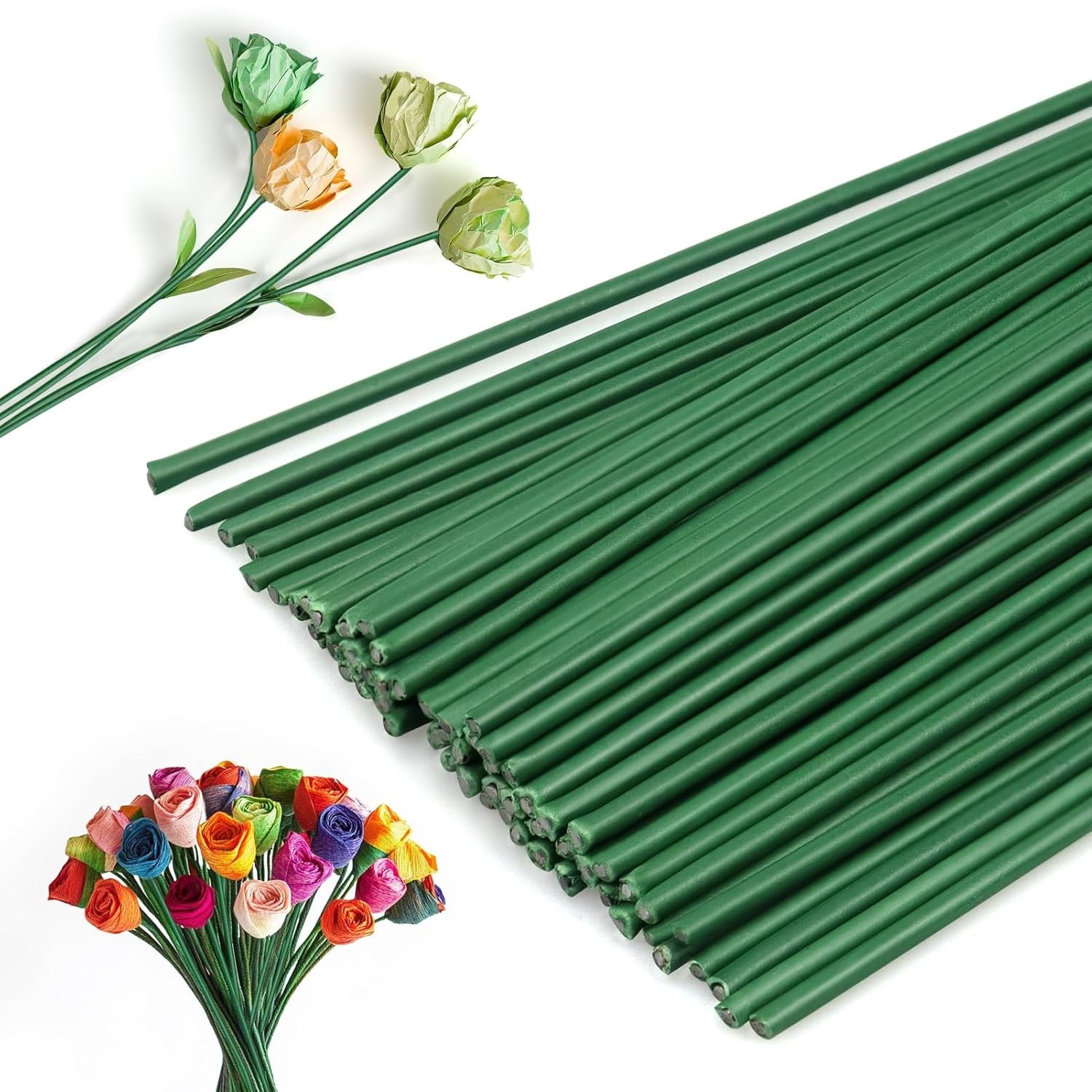 Floral Wire Stems, 60 Pack Flower Stems, 2 Gauge Green Floral Stem Wire for P…