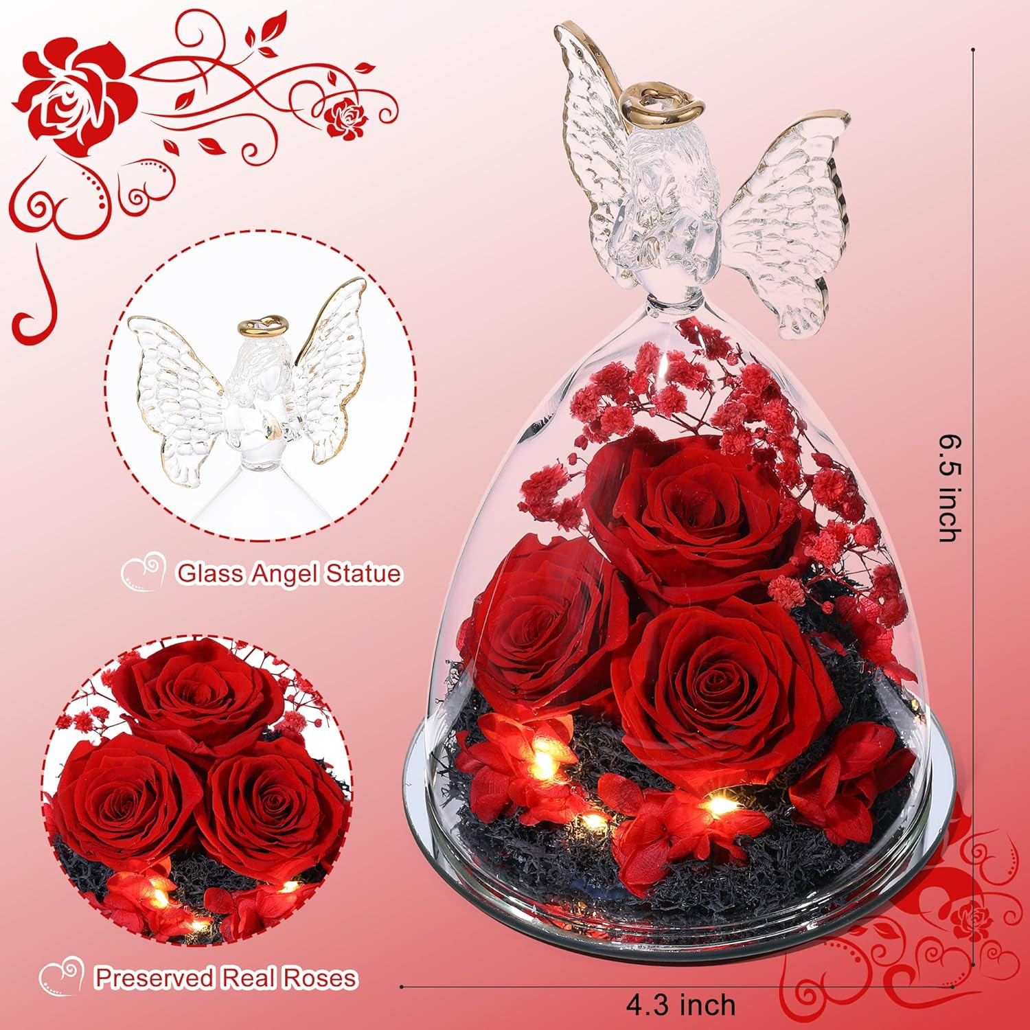Mothers Day Rose Gifts for Women Preserved Real Flower in Glass Angel Figurines